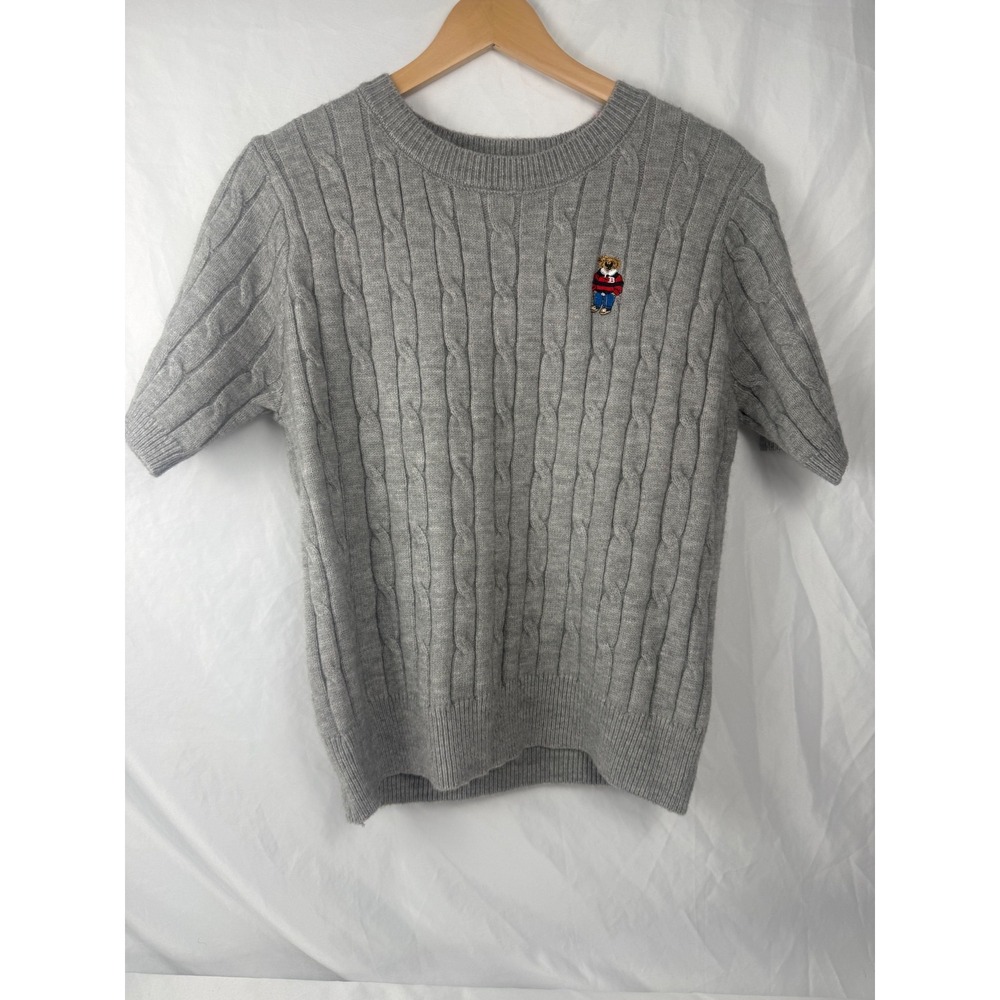 ChicLink S/M Gray Cable Knit Short Sleeve Sweater Teddy Bear Embroidery Preppy